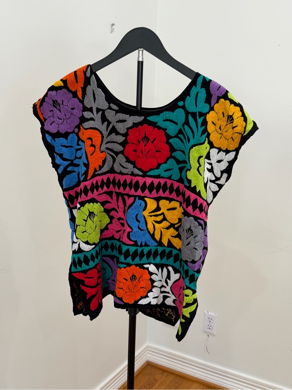 Mexican Artisan Hand Embroidered Floral Blouse Multicolor Boxy Top